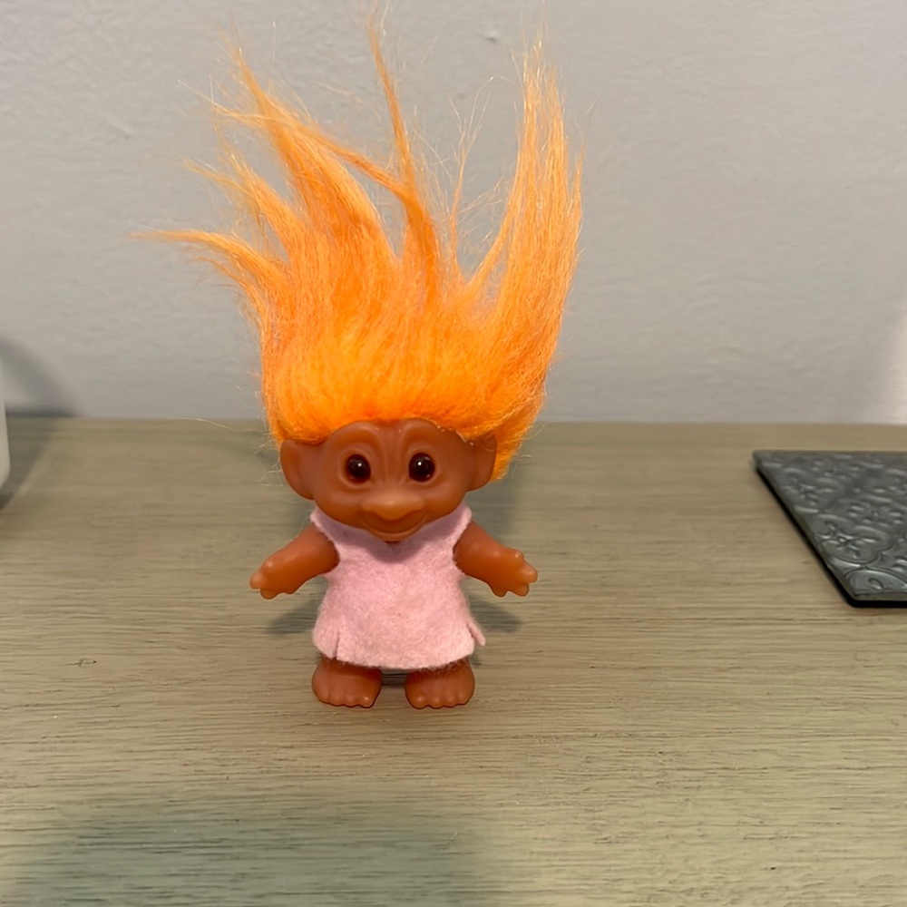 Vintage Dam Troll, Orange Hair, Pink Felt Dress